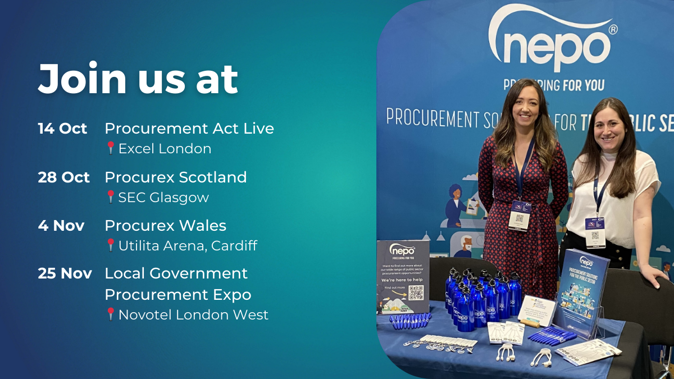 Graphic promoting upcoming events NEPO will be in attendance at, reading: Join us on 14 October at Procurement Act Live at Excel London, 28 October at Procurex Scotland at SEC Glasgow, 4 November at Procurex Wales at Utilita Arena, Cardiff, 25 November at Local Government Procurement Expo at Novotel London West. This text is alongside a photo of Kirstie Rumis, Partnerships Specialist, and Laura Kyle, Energy Lead from NEPO, stood in front of a NEPO branded banner, smiling at the camera from behind a table filled with branded NEPO merchandise that they are giving away at an event.